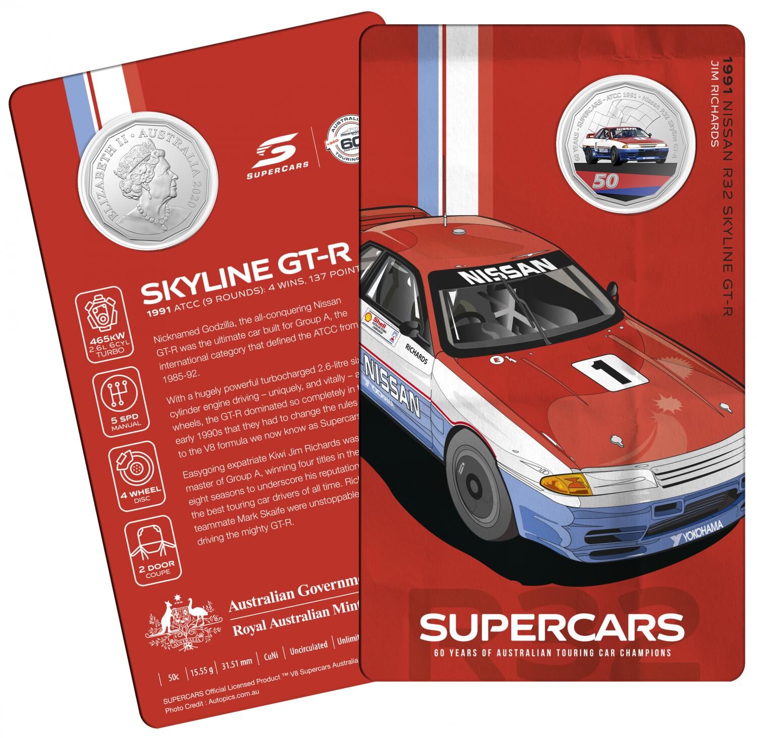 2020 50¢ 60 Years of Australian Touring Car Champions Nissan r32 1991 Skyline -