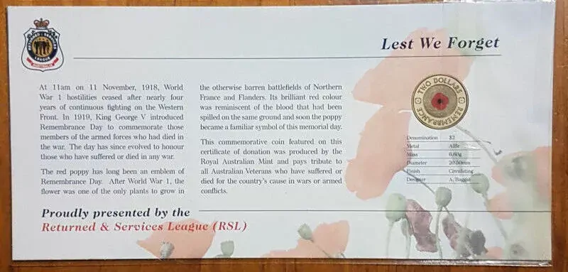 2012 Remembrance Day $2 Red Poppy UNC Coin in Original RSL Folder
