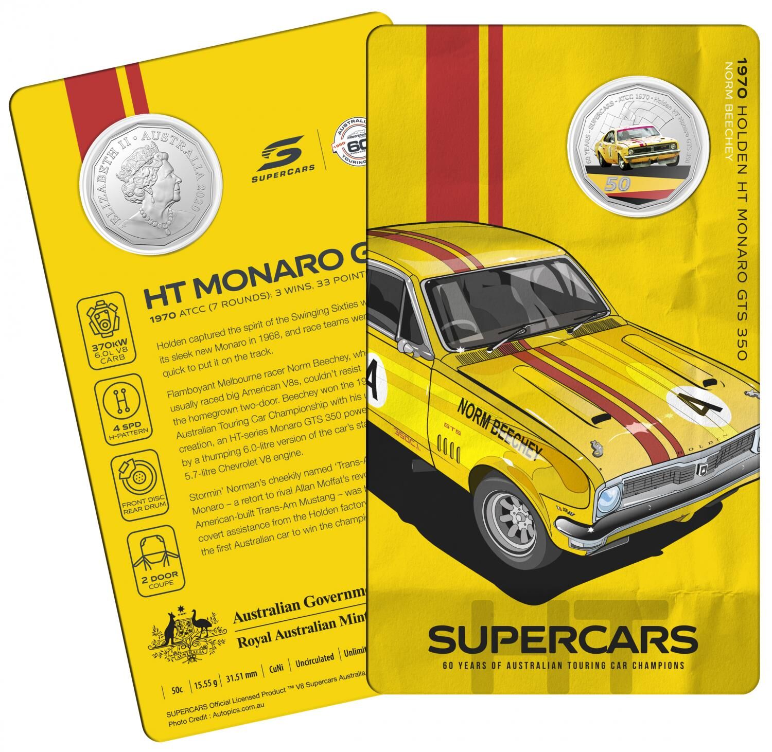 2020 50¢ 60 Years of Australian Touring Car Champions Holden HT Monaro - 50c Col