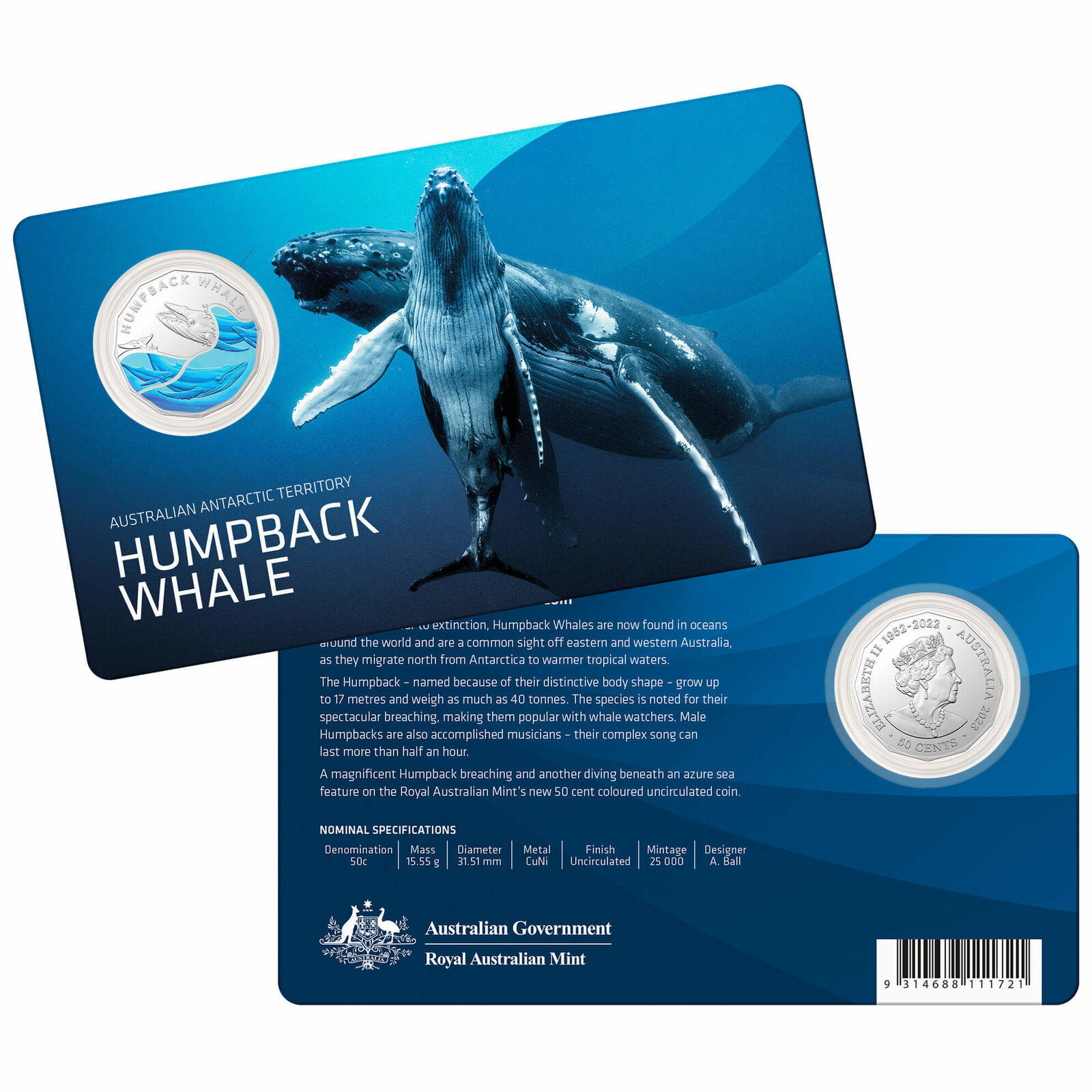 Humpback Whale - Australian Antarctic Territory Series 50c Coloured Uncirculated