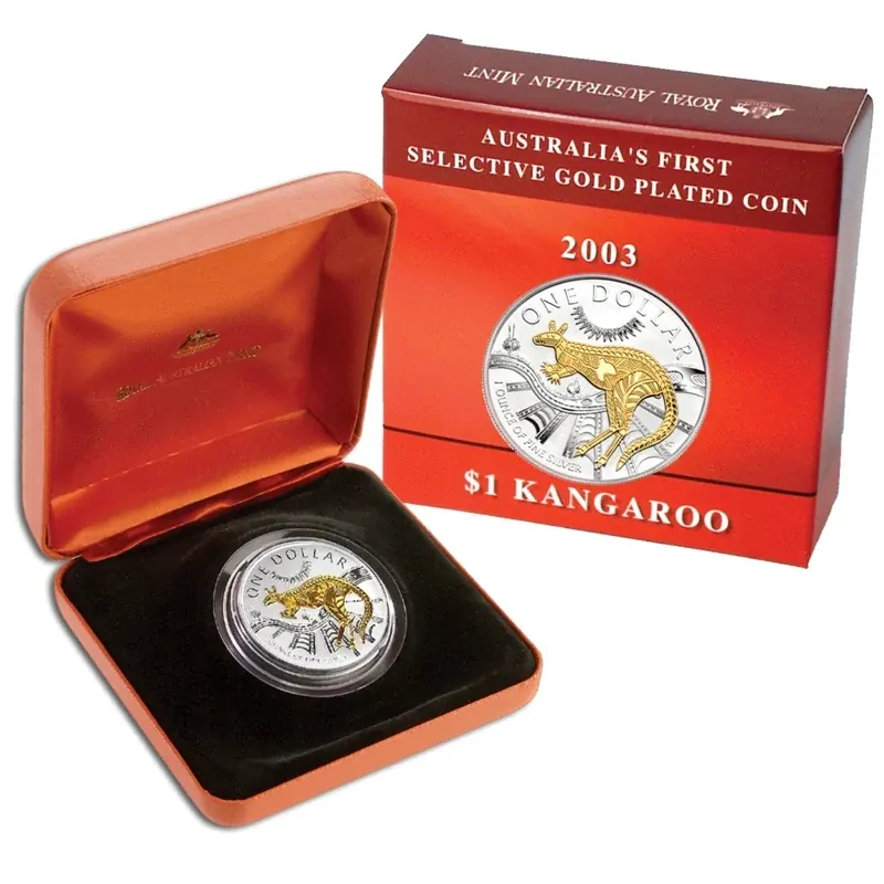 $1 2003 Kangaroo Selectively Gold Plated 1oz 99.9% Silver