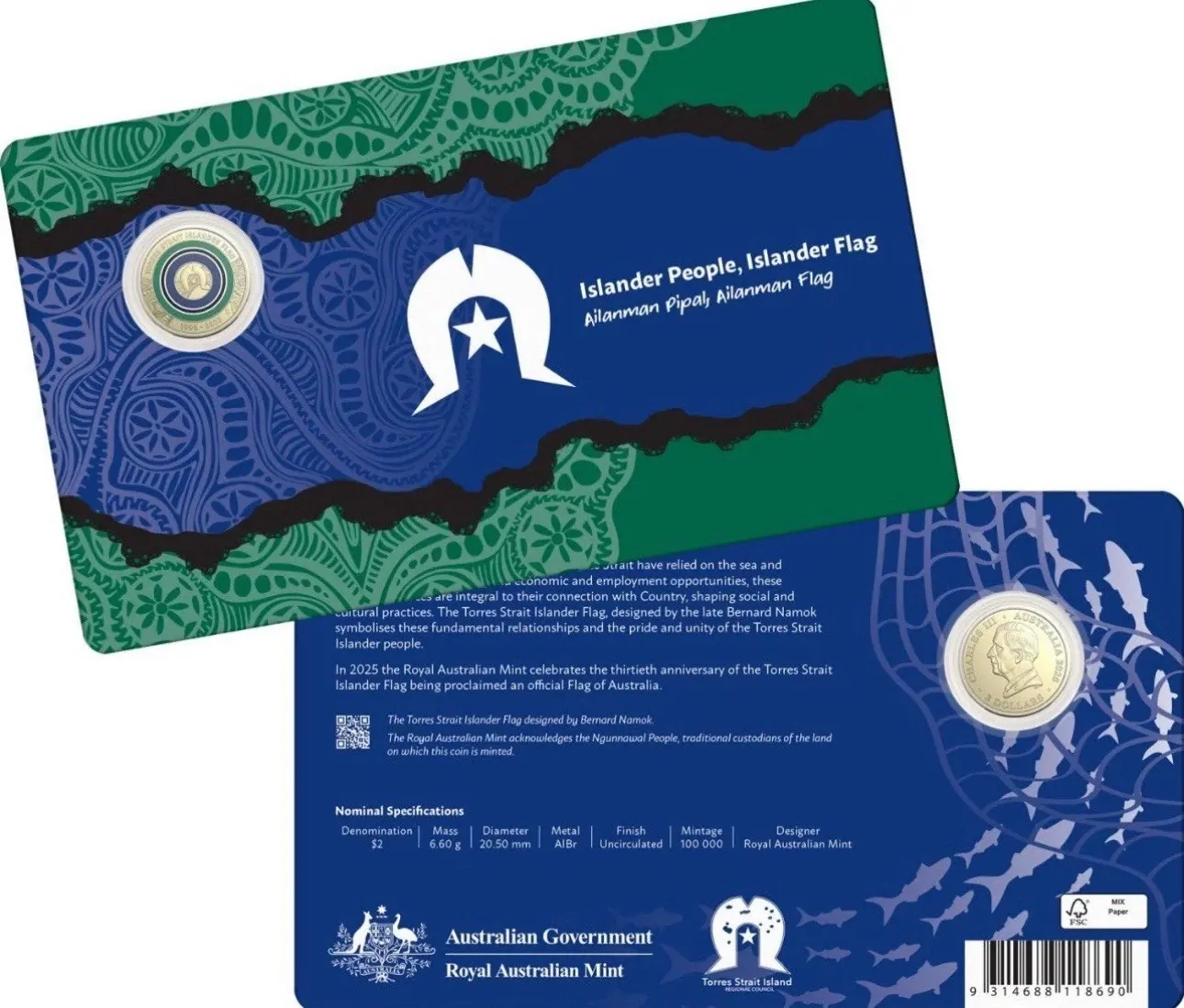 $2 2025 Torres Strait Islander Flag 'C' Mintmark UNC carded collectable coin