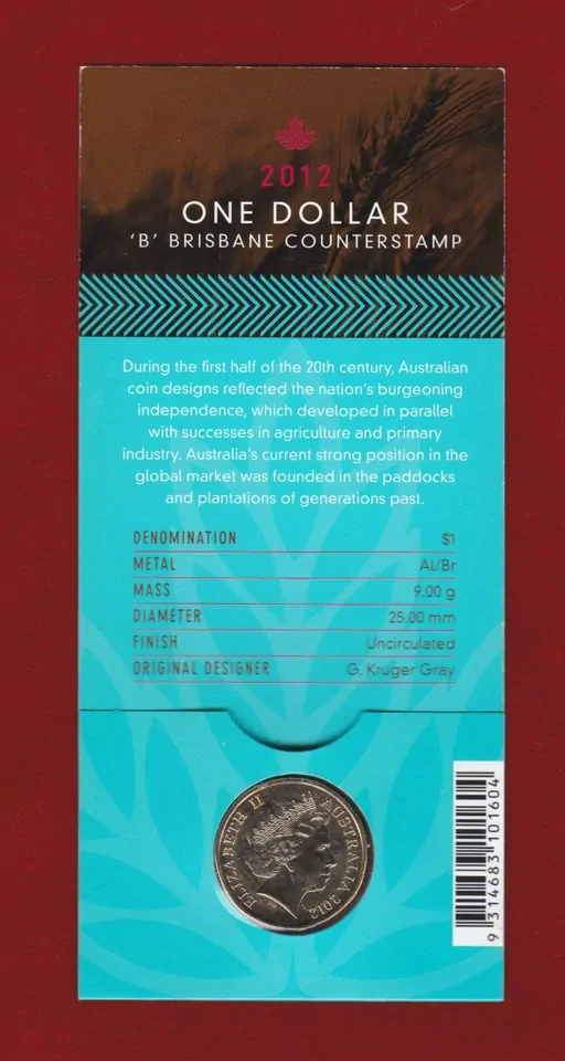 2012 Wheat Sheaf Dollar $1 Unc Coin 'B' Brisbane Counterstamp