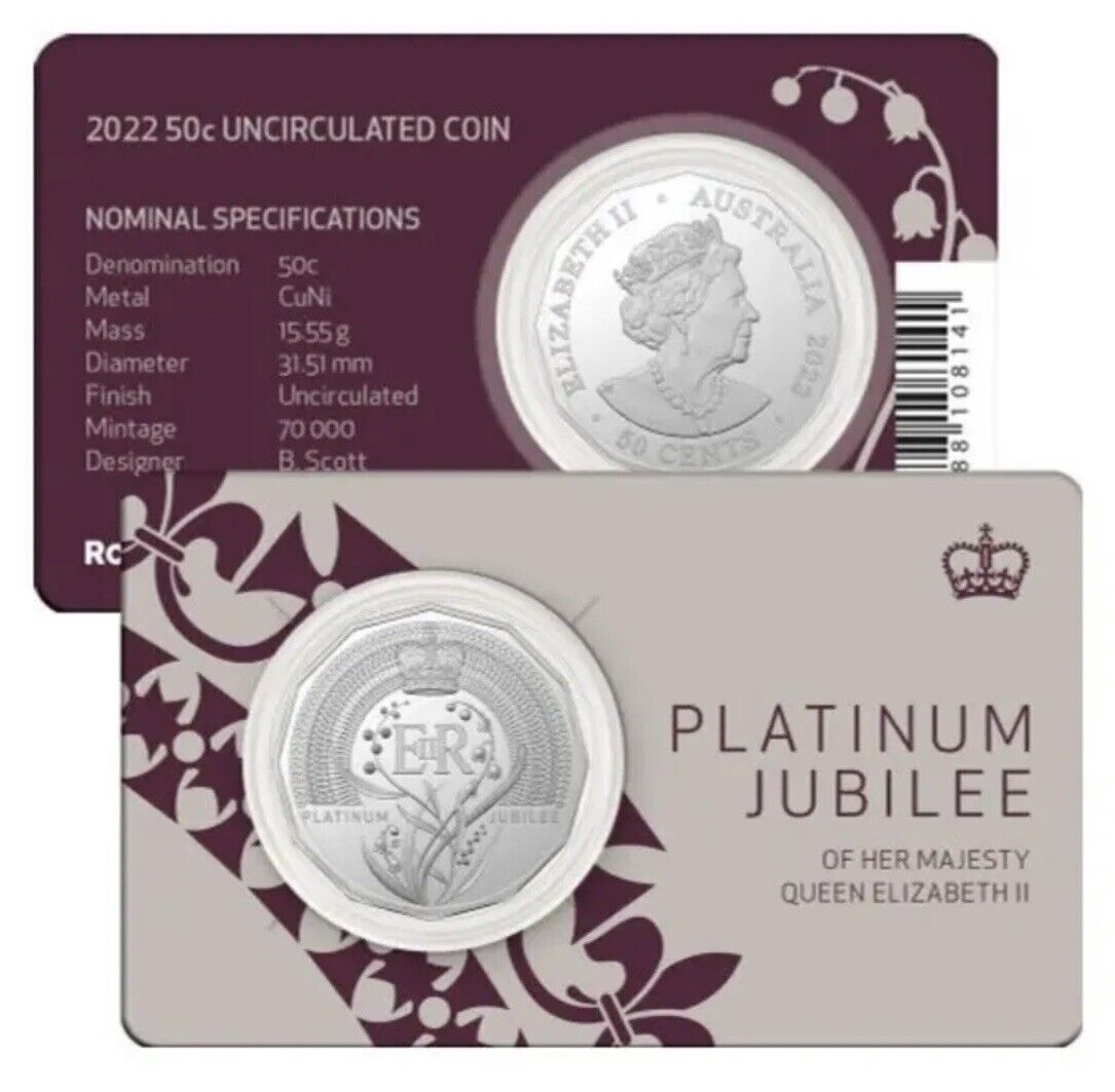 2022 50c CENT QUEEN ELIZABETH II PLATINUM JUBILEE UNC COIN ON CARD