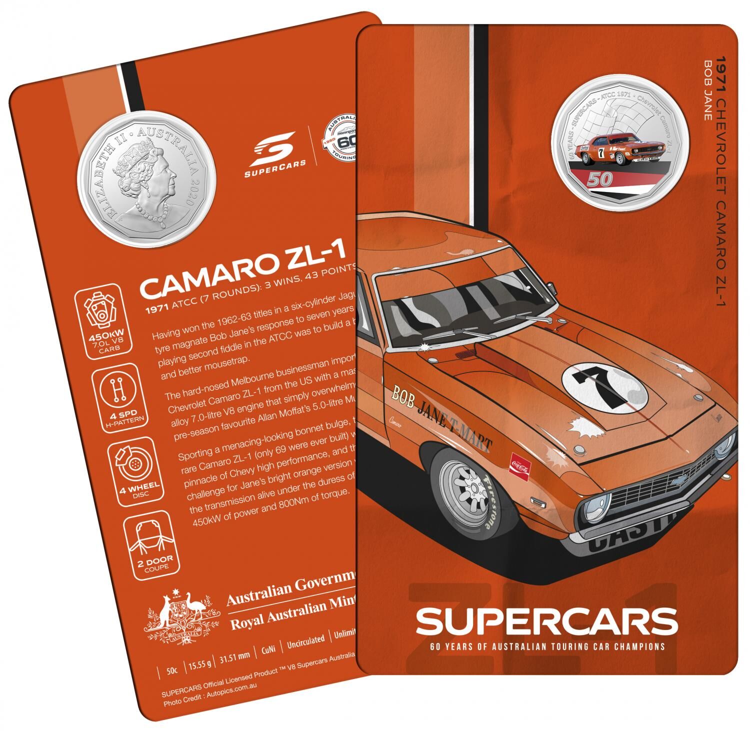 2020 50¢ 60 Years of Australian Touring Car Champions 1971 Chevrolet Cam1ro - 50