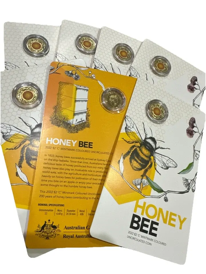 2022 $2 Australian Honey Bee - 'C' Mintmark Coloured UNC Coin on card