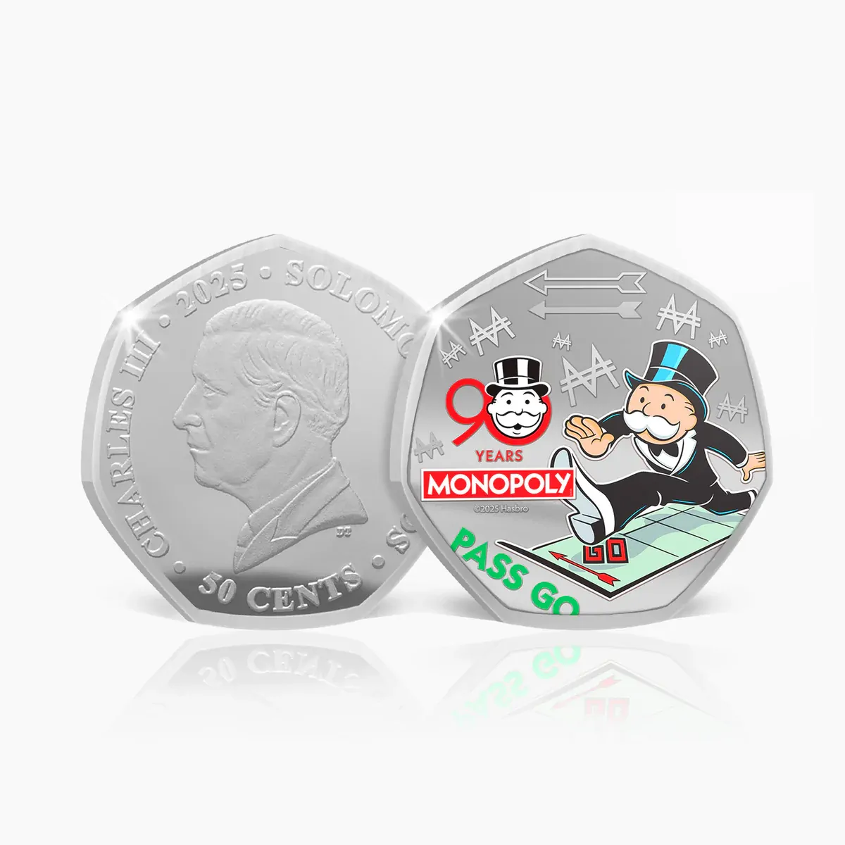 90 Years of Monopoly - Pass Go 2025 Silver Plated BU Coin 50p coin 2000 mintage