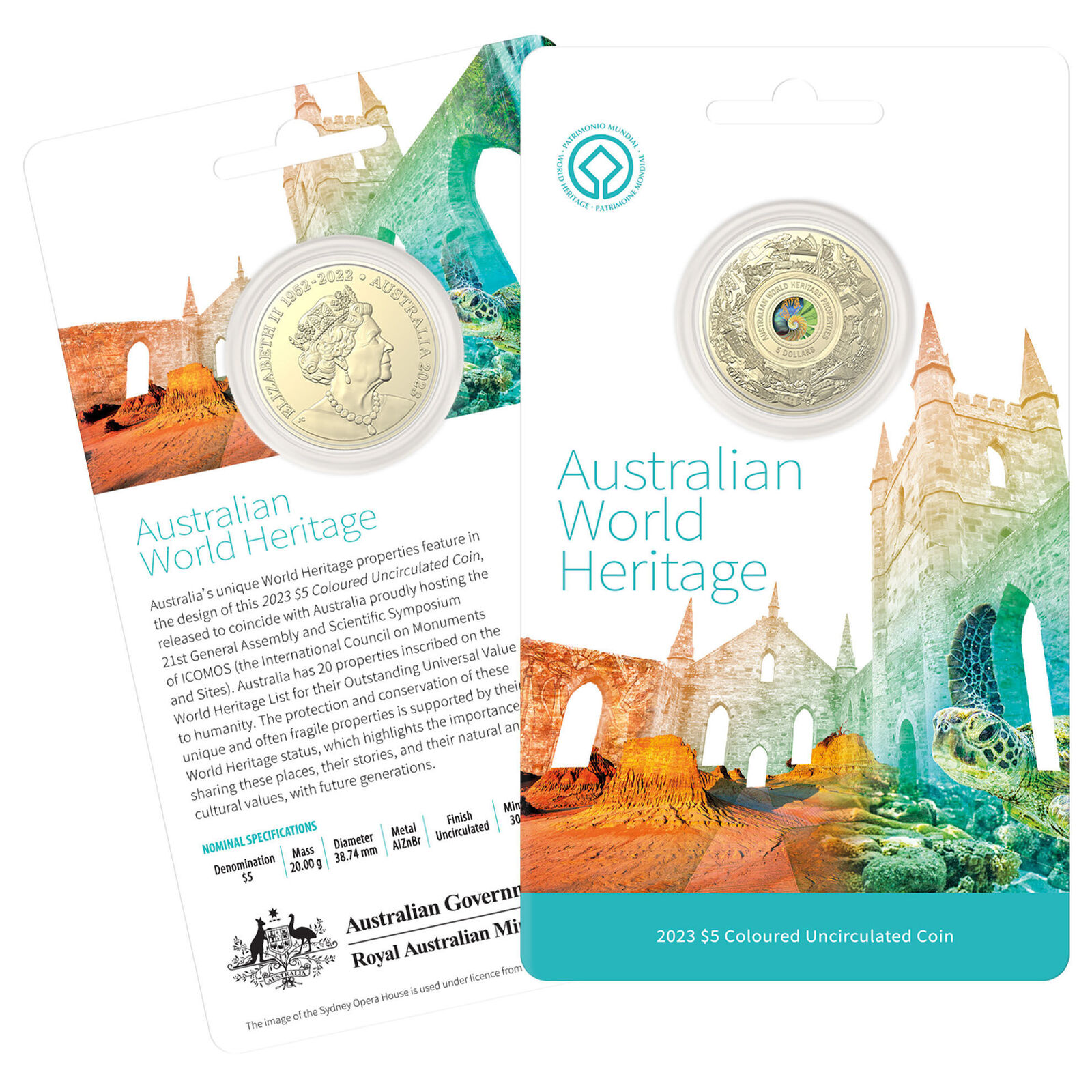 2023 Australia $5 Five Dollar World Heritage Coin Coloured Frosted Uncirculated