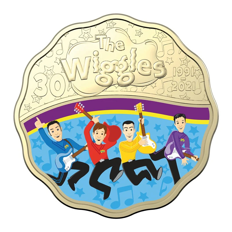 Australia 2021 30c 30 Years Wiggles Coloured UNC Scalloped 2-Coin in Jukebox Tin