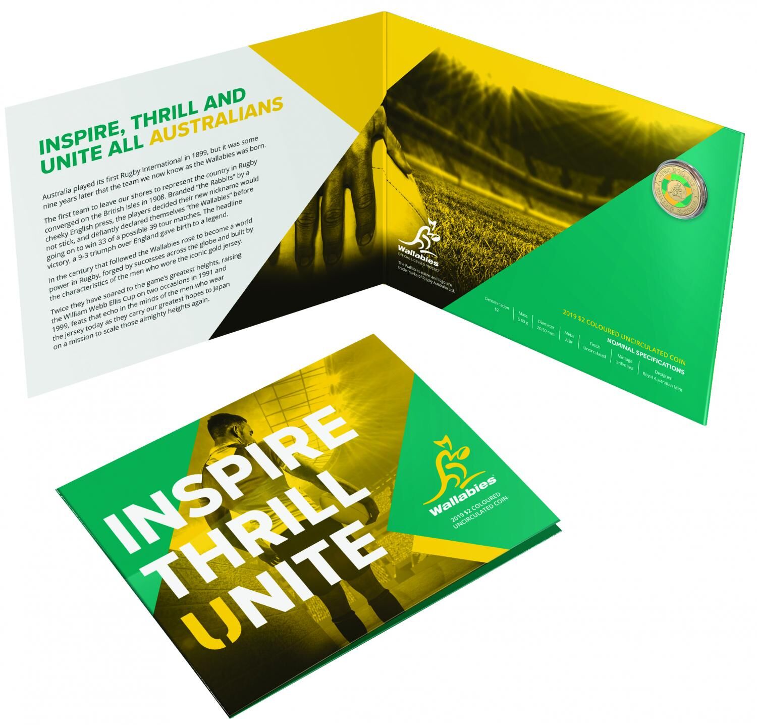2019 $2 Wallabies Rugby Australia - Coloured $2 Coin on card folder