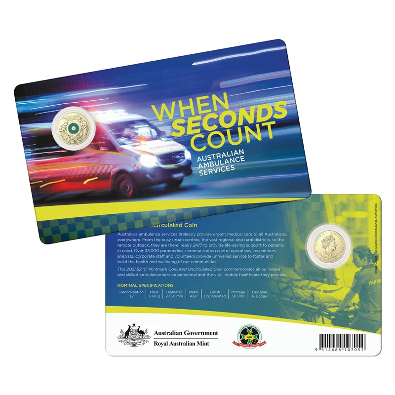 $2 2021 Australian Ambulance Services 'C' Mintmark UNC mint coloured coin 50k mi