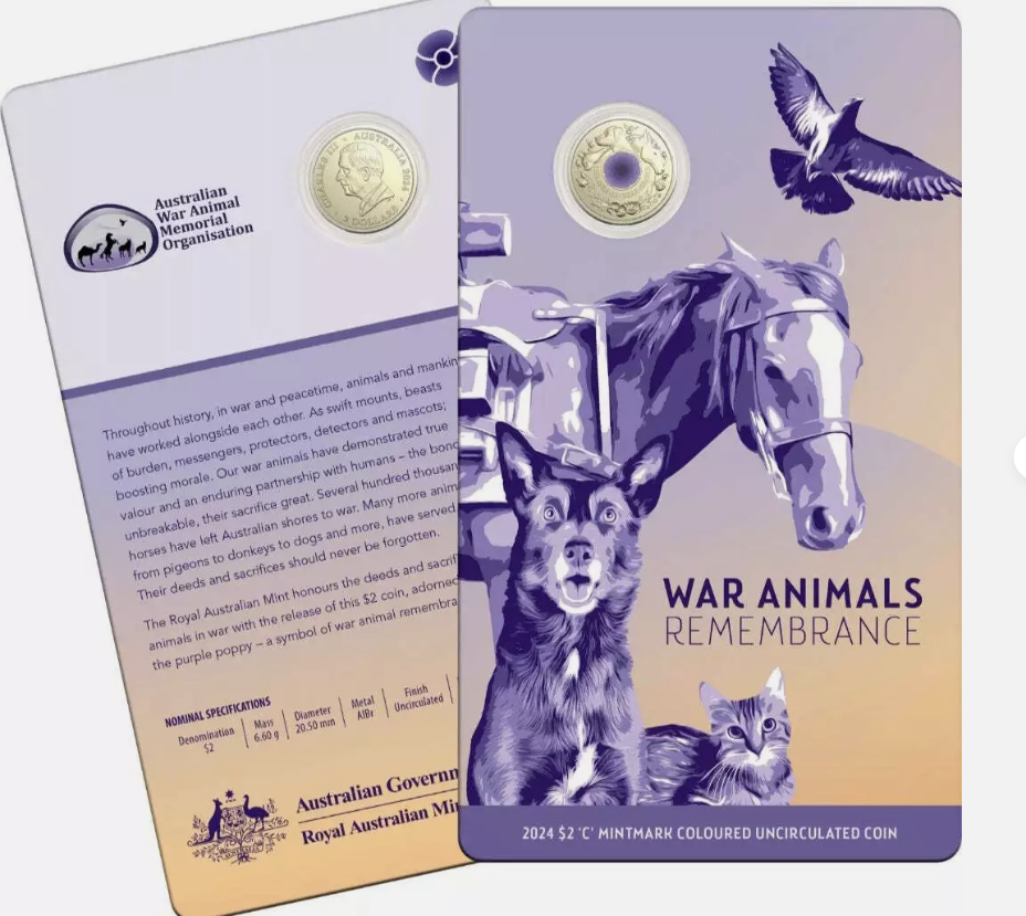 2024 $2 ‘C’ Mintmark purple poppyt Coloured Uncirculated Coin in Card–War Animal