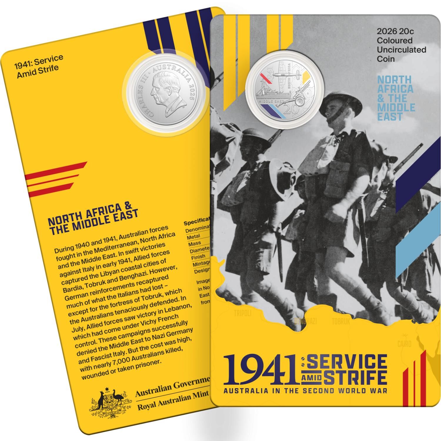 2026 20 cent Coloured Three Coin Set - 1941 Service & Strife - Australia in the