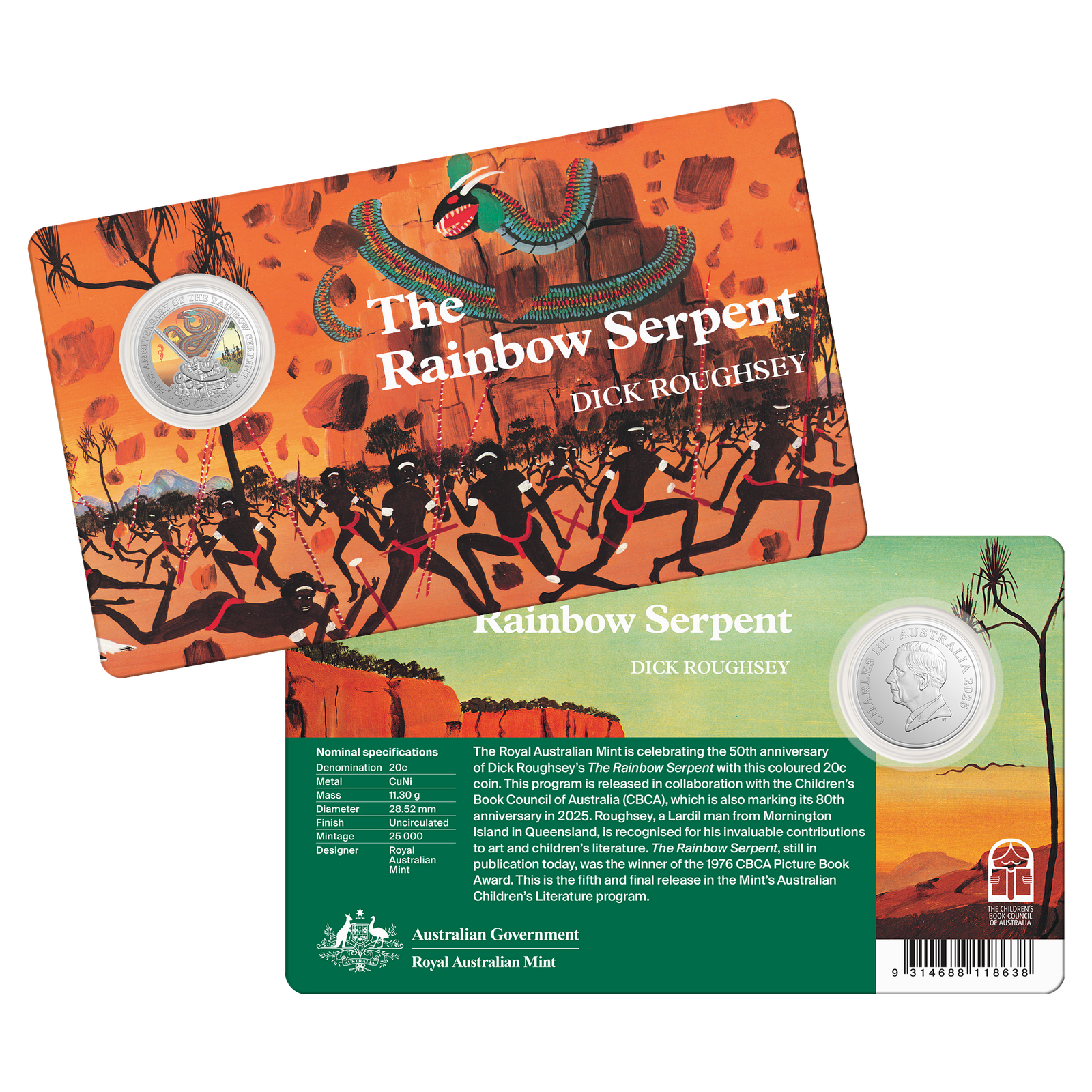 2025 AUSTRALIA 50TH ANNIV THE RAINBOW SERPENT 20c CENT UNC COLOURED COIN IN CARD