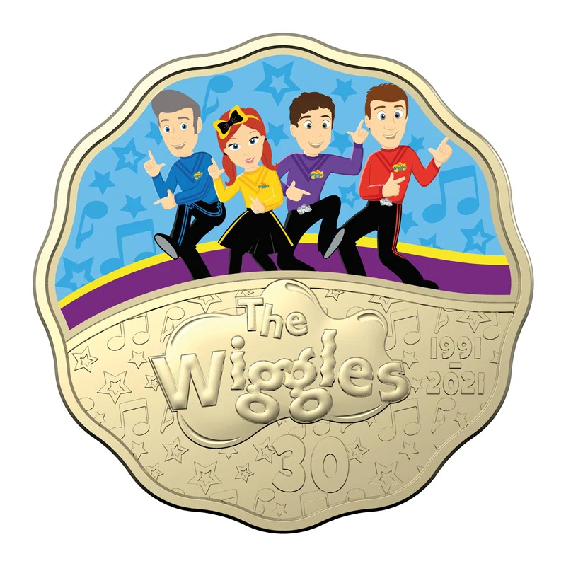 Australia 2021 30c 30 Years Wiggles Coloured UNC Scalloped 2-Coin in Jukebox Tin