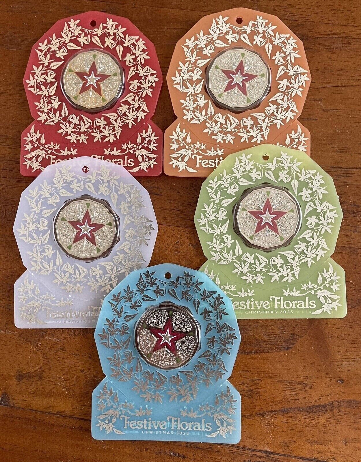 SET of 5 Festive Florals - Coloured Uncirculated 50c CuNi Coloured Uncirculated