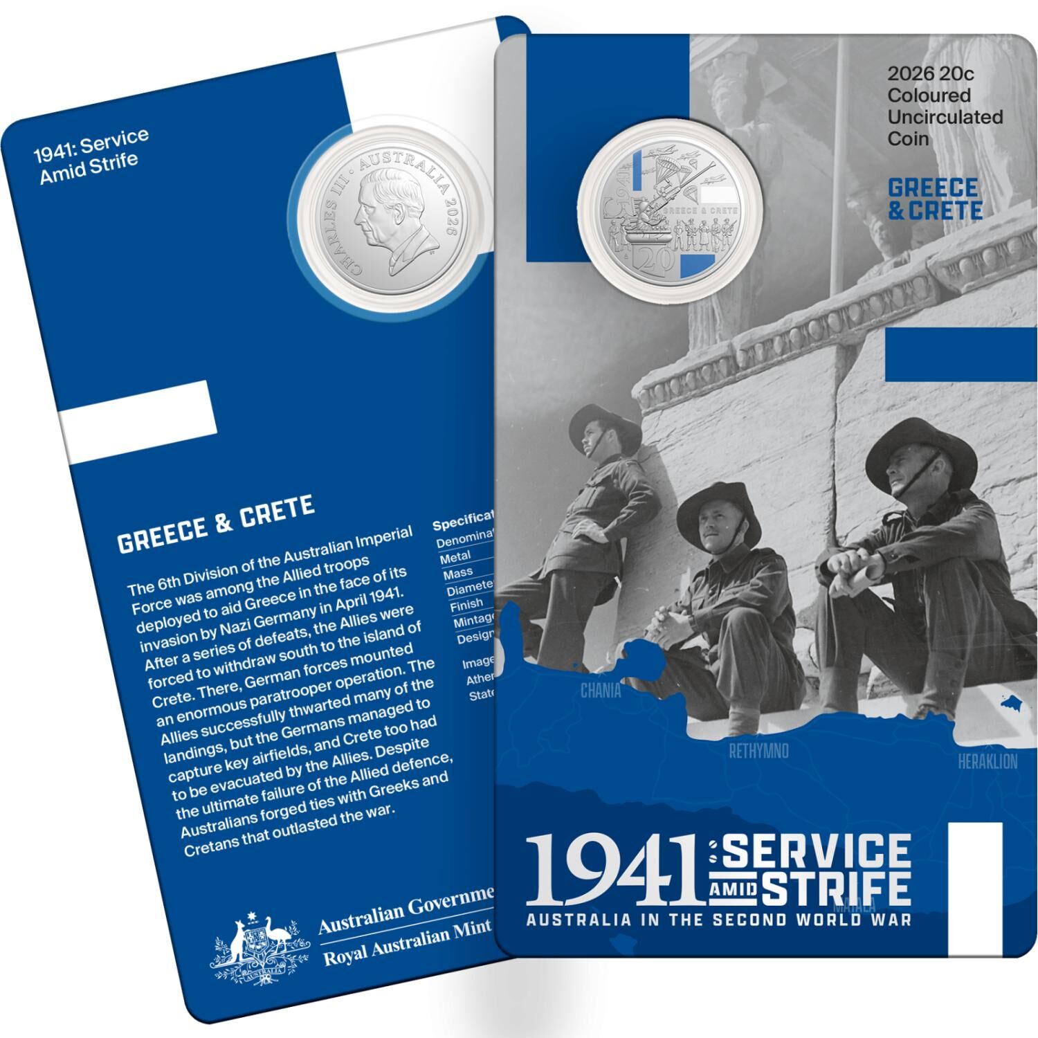 2026 20 cent Coloured Three Coin Set - 1941 Service & Strife - Australia in the