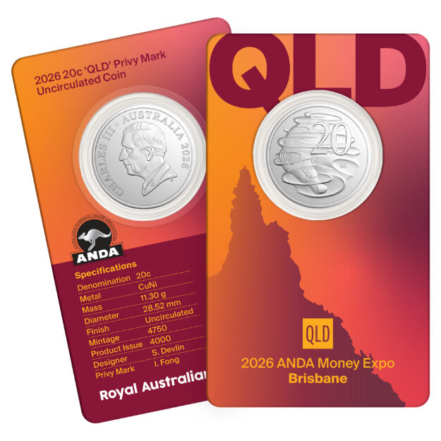 2026 20 cent Brisbane ANDA Money Expo Privy Marked State Series UNC Coin in Card