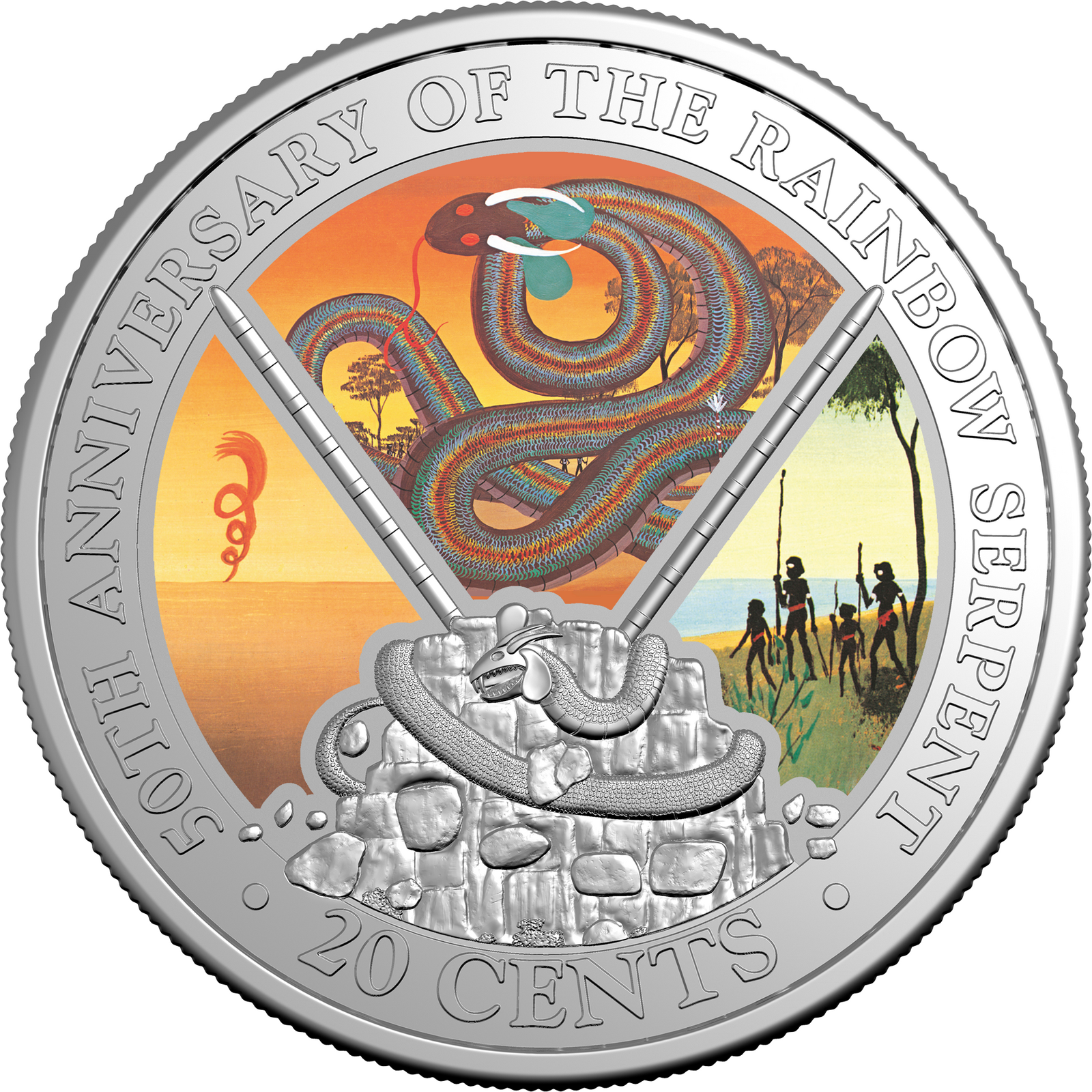 2025 AUSTRALIA 50TH ANNIV THE RAINBOW SERPENT 20c CENT UNC COLOURED COIN IN CARD