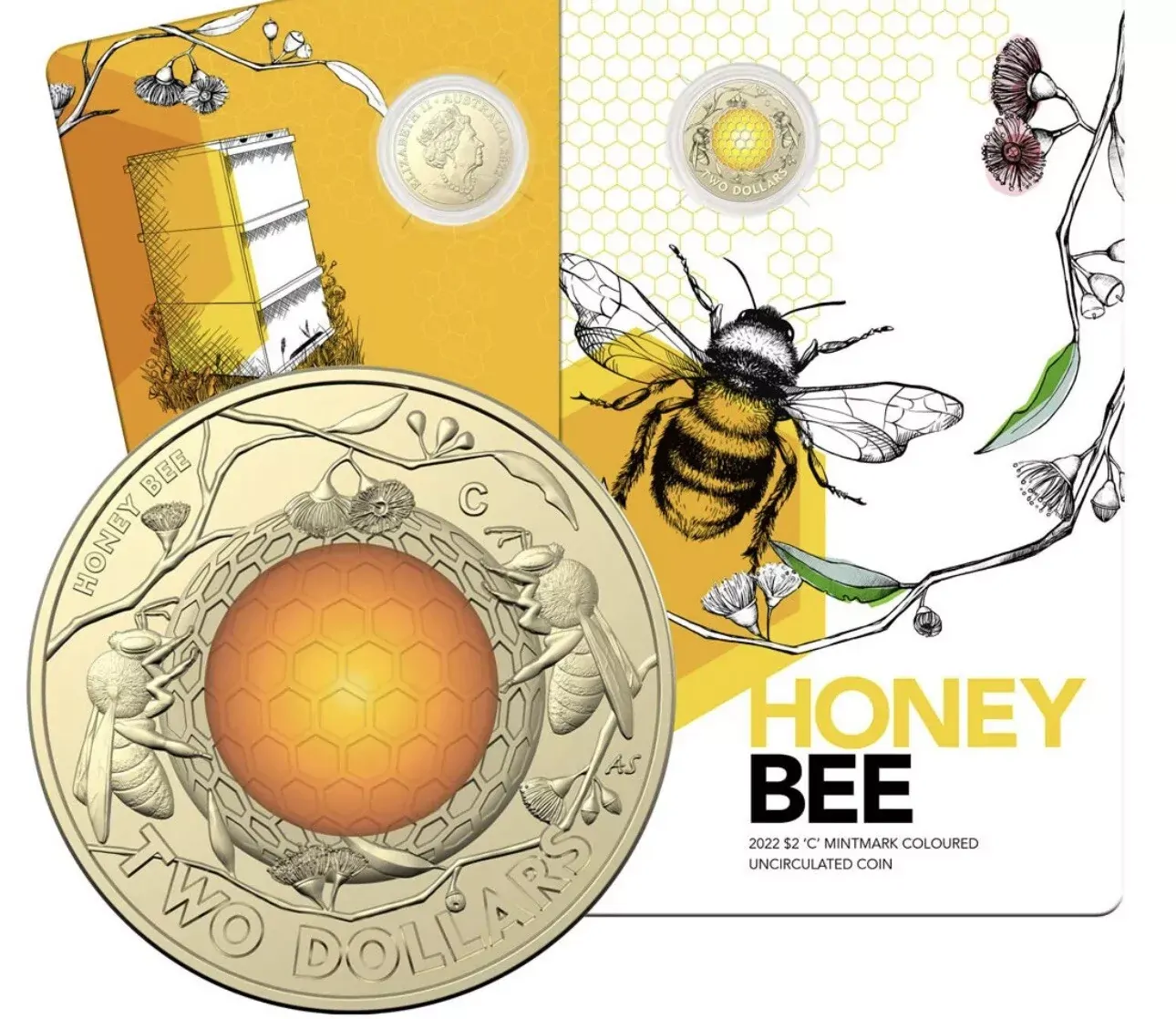 2022 $2 Australian Honey Bee - 'C' Mintmark Coloured UNC Coin on card