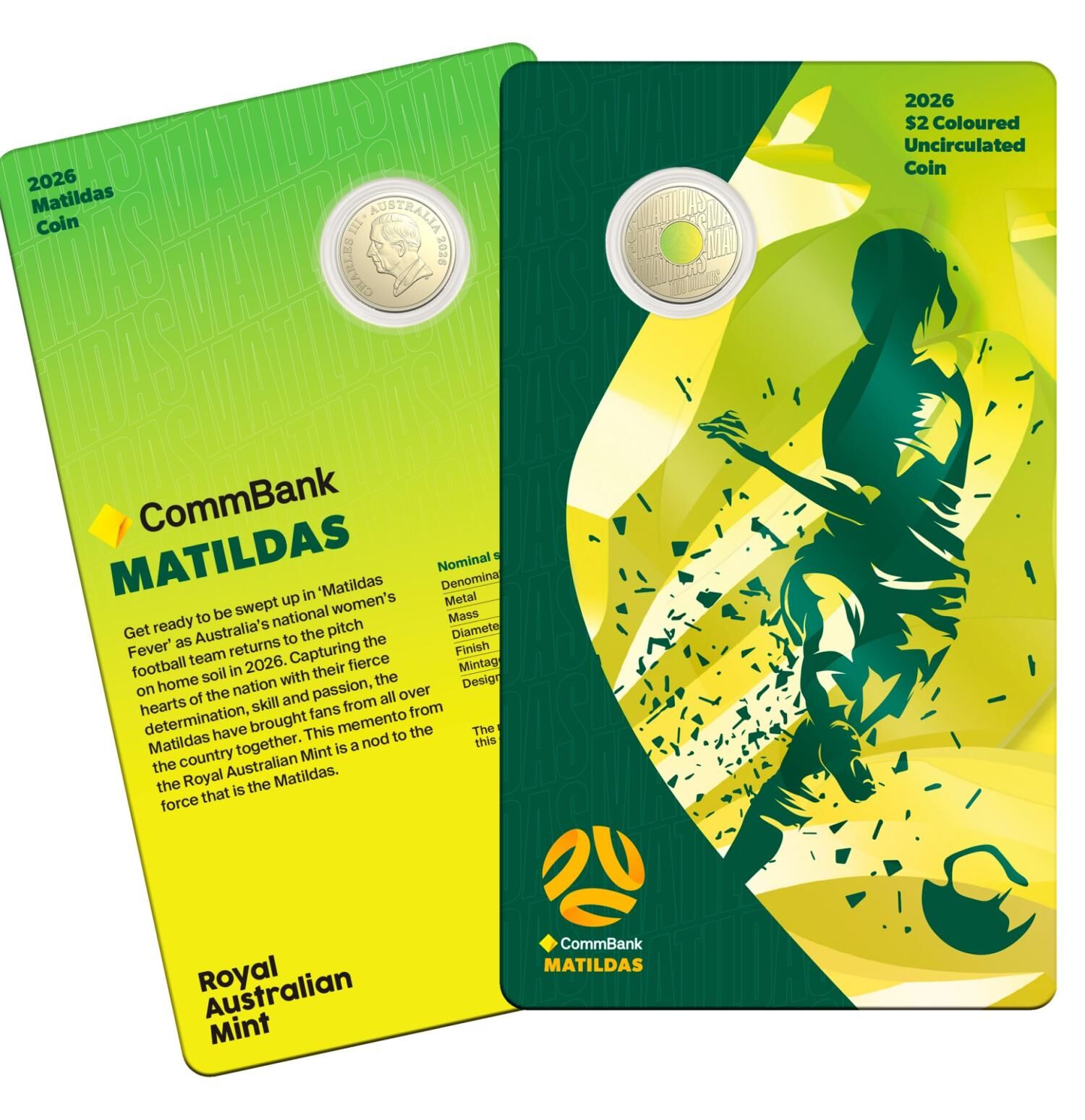 2026 $2 Matildas Coloured UNC Coin on card