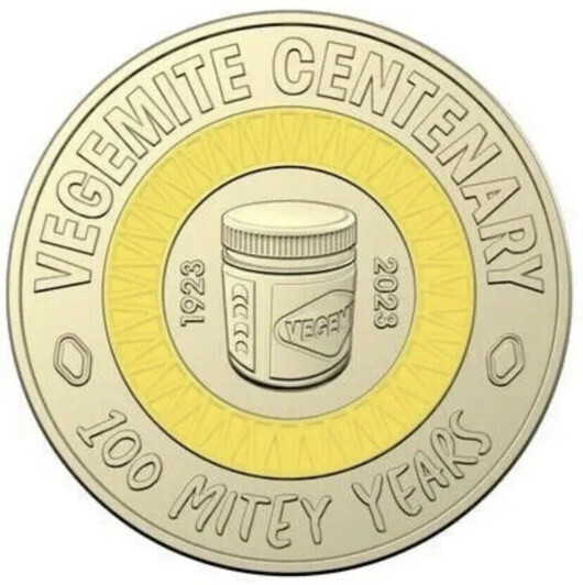 $2 2023 Vegemite - YELLOW 100 Mitey Years Lightly Circulated Coloured AUS TWO DO