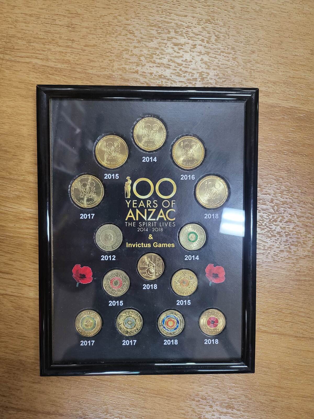 100 years anzac coins spirit lives framed 14 coin set including green dove, armi