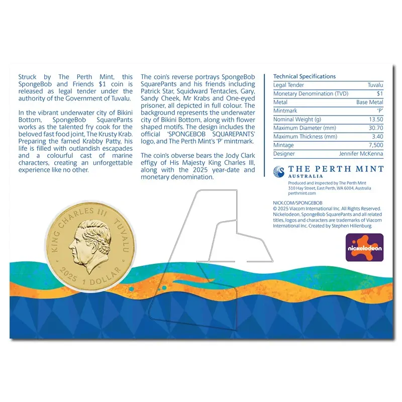 Tuvalu 2025 $1 SpongeBob & Friends UNC collectbal coin square pants