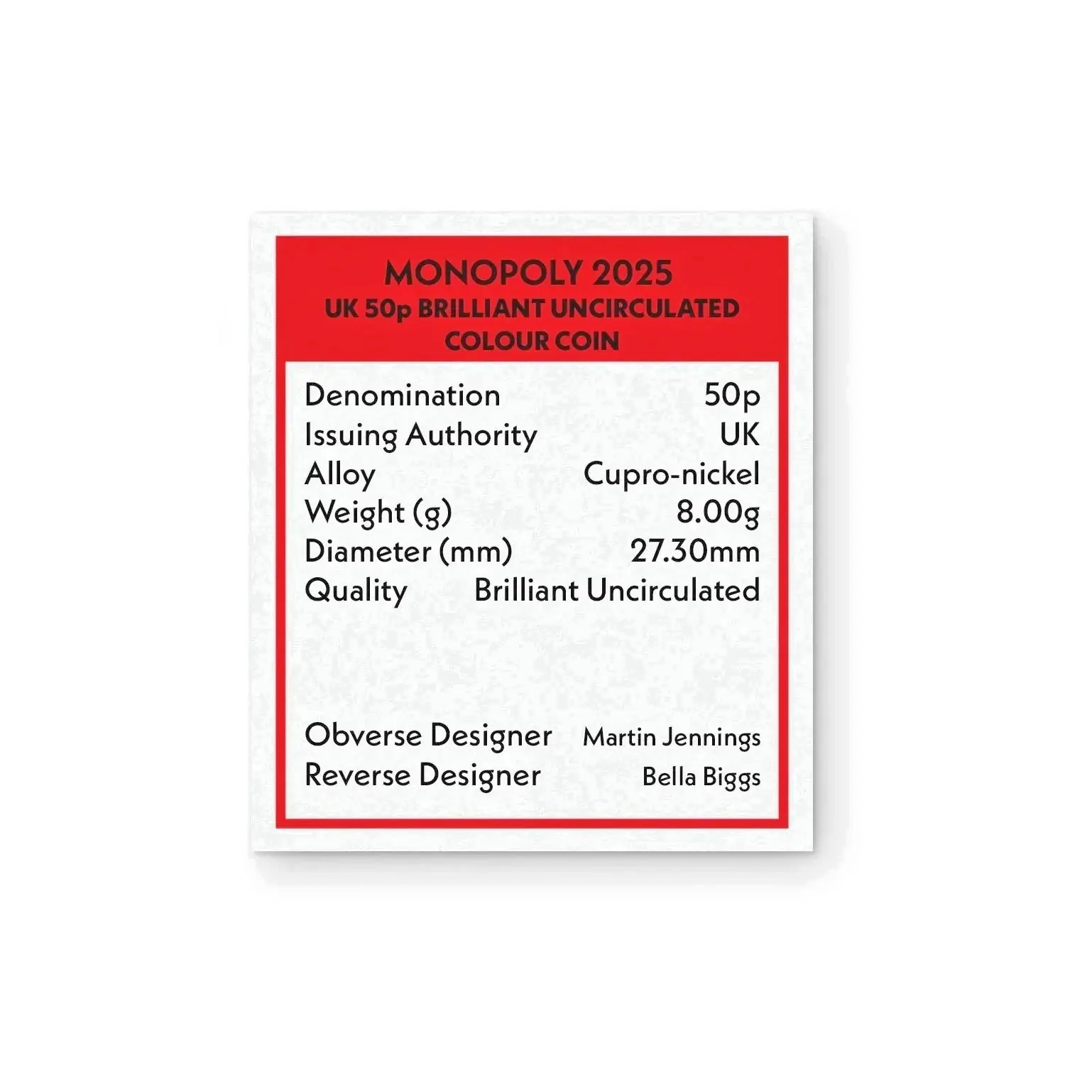 2025 Royal Mint Monopoly 50p Colour Brilliant Uncirculated Coin