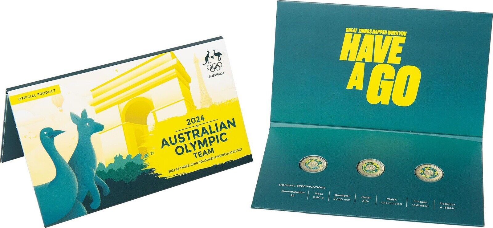 2024 Australian Olympic Team $2 Coloured Uncirculated 3 Coin & 1 Paralympic Sets