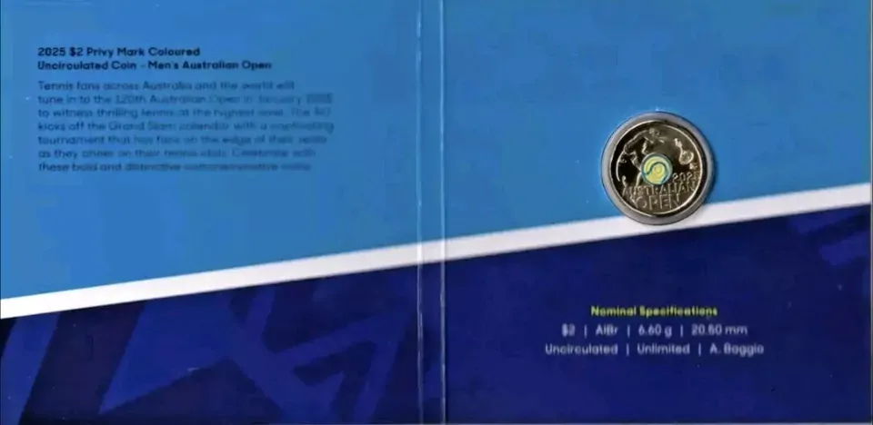 Men’s Australian Open – yellow tennis  One-Coin Folder $2 Privy Mark Uncirculate