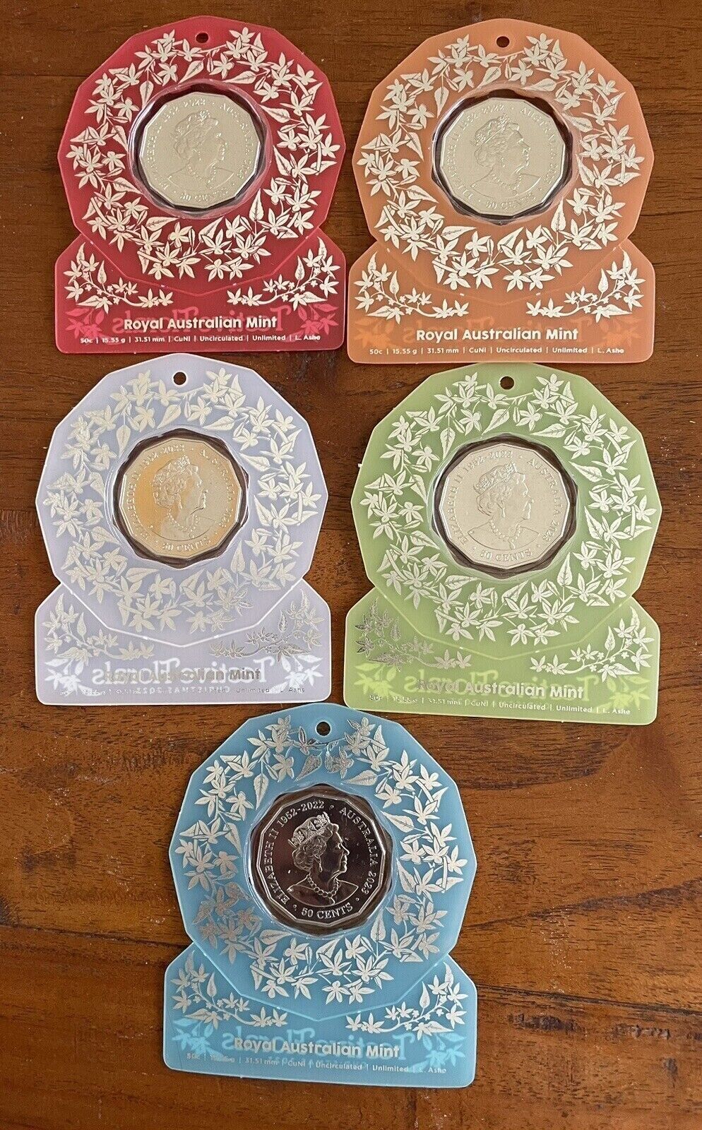 SET of 5 Festive Florals - Coloured Uncirculated 50c CuNi Coloured Uncirculated
