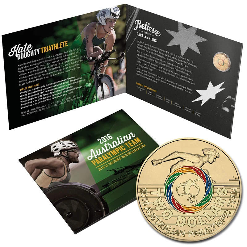 $2 2016 Australian Paralympic Team Carded UNC Coloured coin